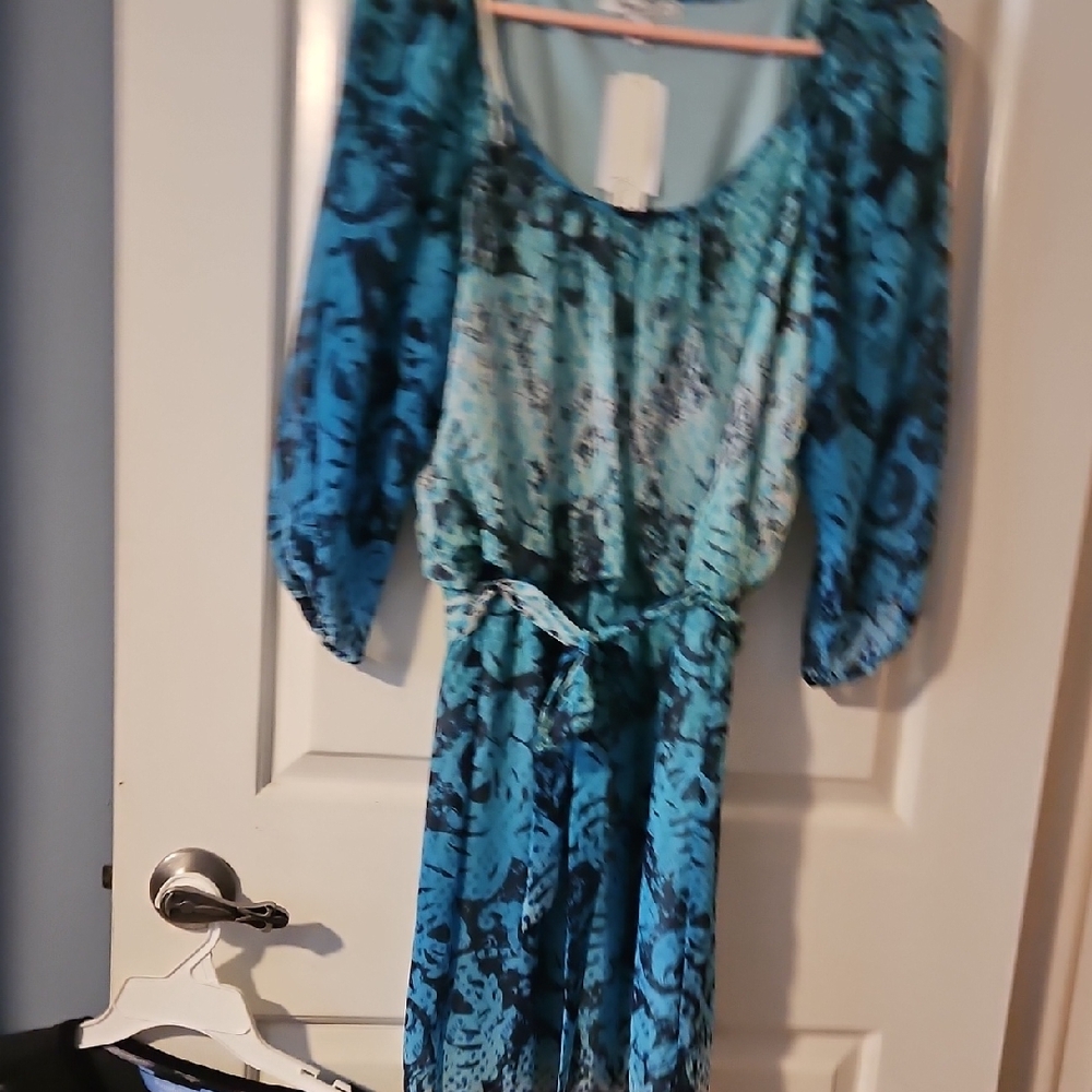 Chic Blue Patterned Long Sleeve Dress